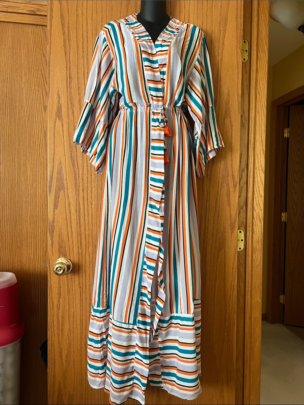 Maaji White Striped Maxi Coverup with Teal & Orange Accents